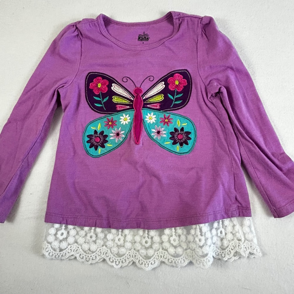 Mimi Kids Girls Purple Butterfly Lace Trim Long Sleeve‎ Shirt Size 4